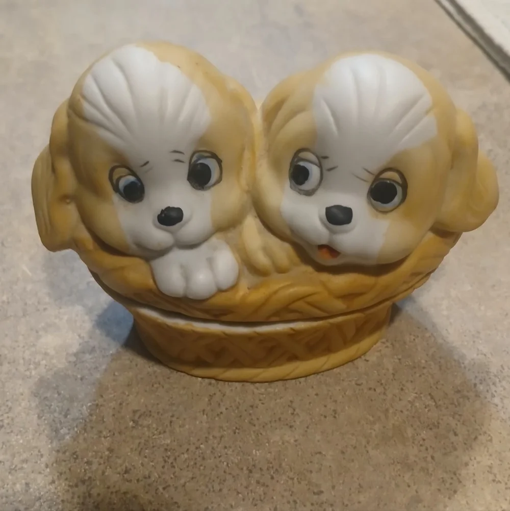 Homco Brown and White Puppy Basket Figurine